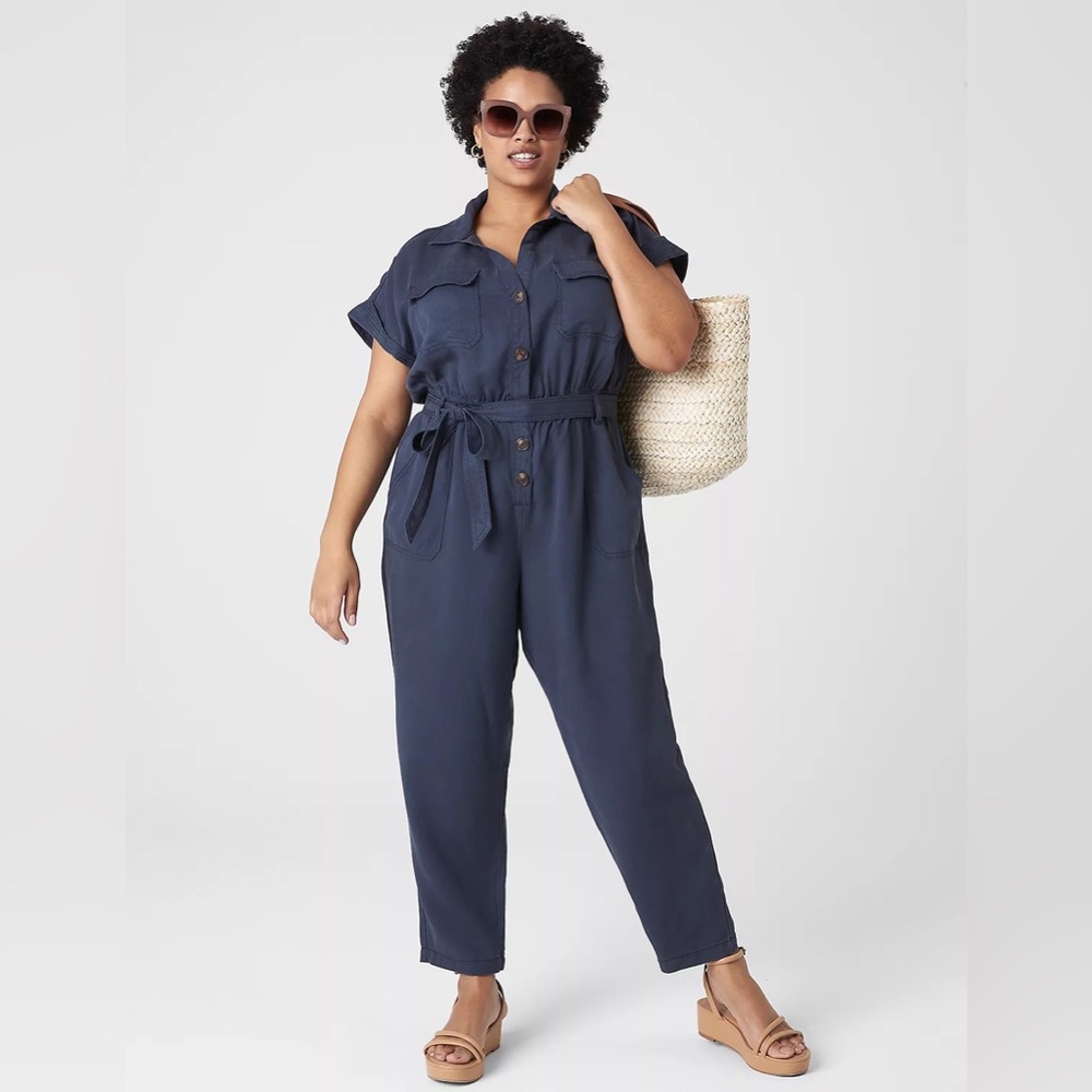 Lane Bryant Navy Blue Cap-Sleeve Utility Cord Jumpsuit Sz 14